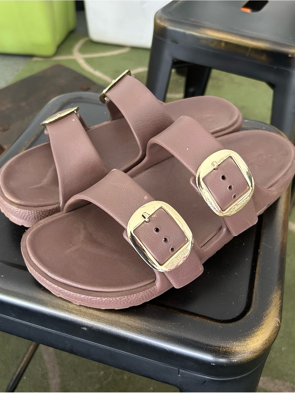 Skechers Women's Mauve Brown Double Strap Sandals with Gold Buckles